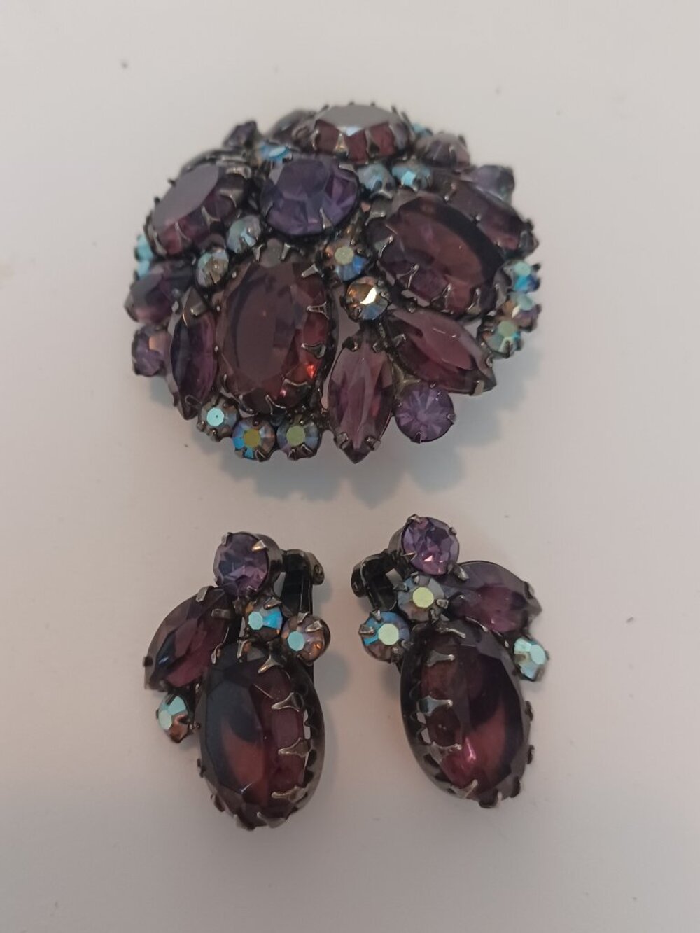 Verified D&E Juliana Large Amethyst Purple AB Rhinestone Brooch Pin and Earrings